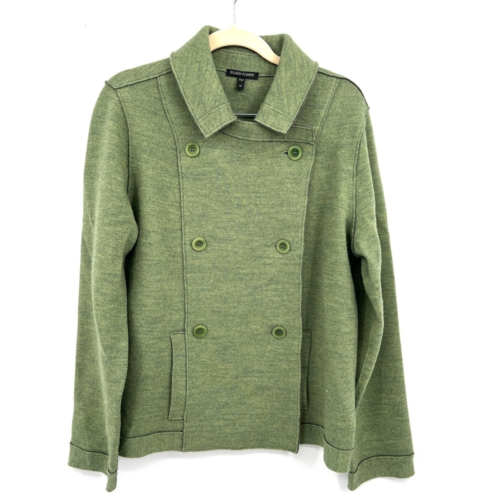 Eileen Fisher double breasted merino wool pea coat jacket lightweight green M - Picture 1 of 10